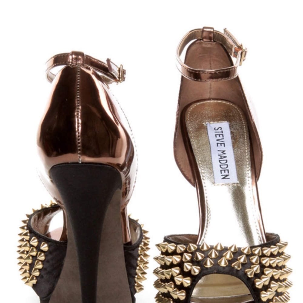 Smoking hot black and bronze studded peep toe shoe